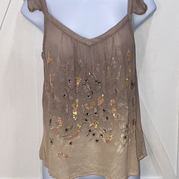Guess Embellished Semi Sheer Ombre Tan And Cream Tone Blouse With Chiffon Straps - Picture 3 of 8